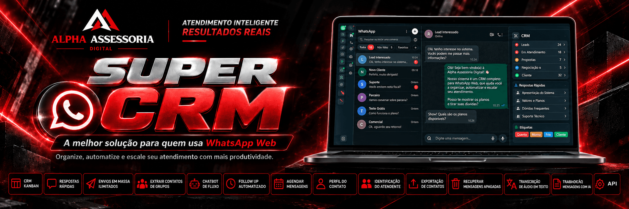 AlphaZap CRM: super CRM para WhatsApp Web com Kanban, respostas rápidas, envios em massa, chatbot de fluxo e mais